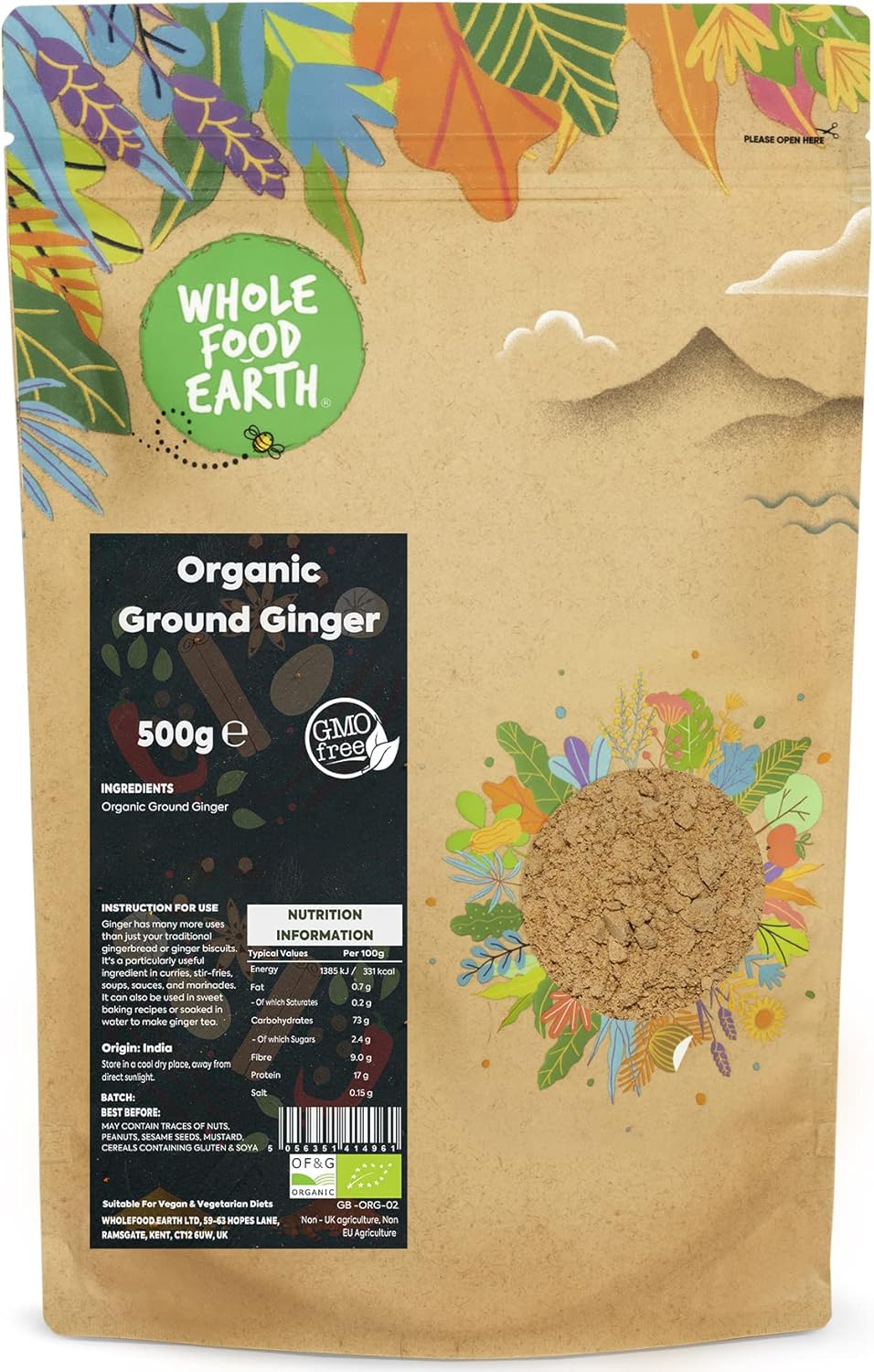 Wholefood Earth Organic Ground Ginger 500 G | Gmo Free | Certified Organic
