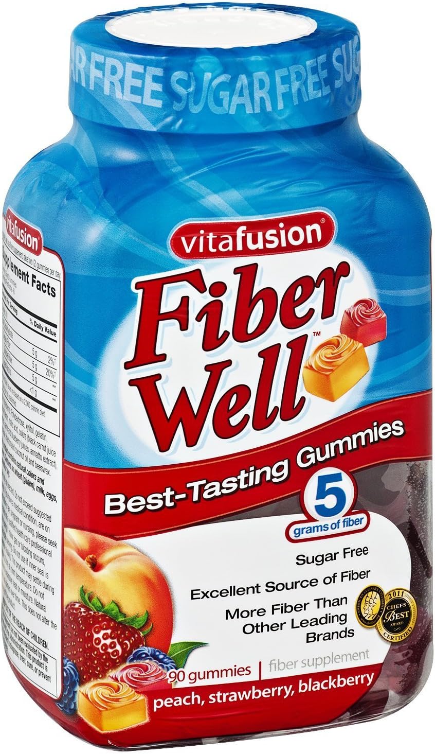 Vitafusion Sugar-Free Fiber Well Gummies Peach, Strawberry, Blackberry , 90 CT (Pack of 3)