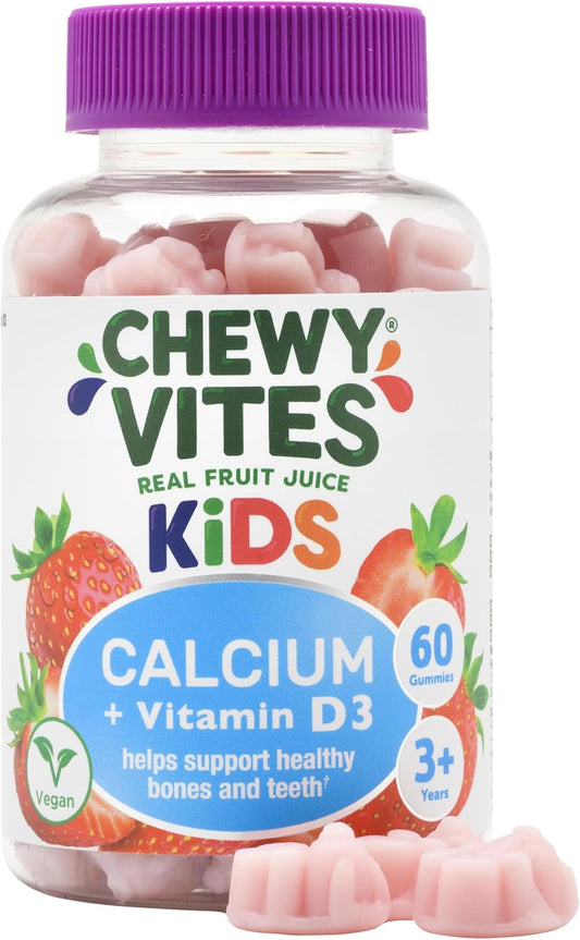 Chewy Vites Kids Calcium And Vitamin D3, 60 Kids Calcium Gummies, Help Support Healthy Bones And Teeth, 2 Months Supply, Real Fruit Juice, Vegan, Age 3 +, Strawberry Flavour (Pack Of 2)