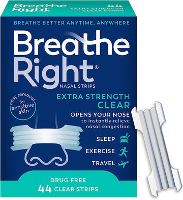 Breathe Right Nasal Strips - Extra Strength, Clear - For Sensitive Skin, Drug-Free Snoring Solution & Nasal Congestion Relief Caused by Colds & Allergies, 44 Count (Packaging May Vary)