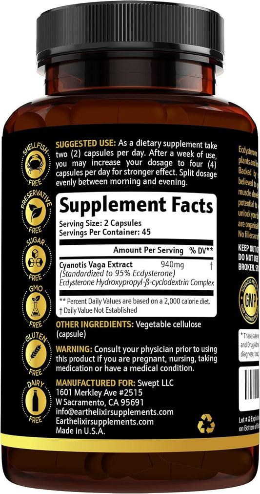 Ecdysterone Supplements 940Mg (90 Capsules) – Made In Usa - Muscle Building Supplements For Men W/ 95% Beta Ecdysterone W/Hydroxypropyl--Cyclodextrin For Enhanced Bioavailability