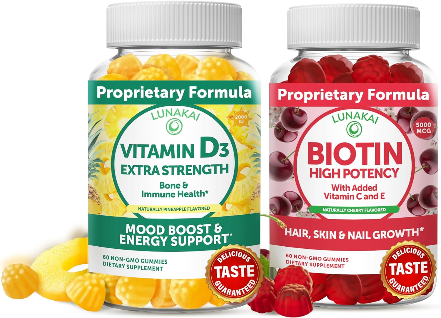 Vitamin D3 and Biotin Gummies Bundle - Non-GMO, Gluten Free, No Corn Syrup, All Natural Supplements- 60 ct Vitamin D3 Gummies and 60 ct Biotin Gummies - 30 Days Supply