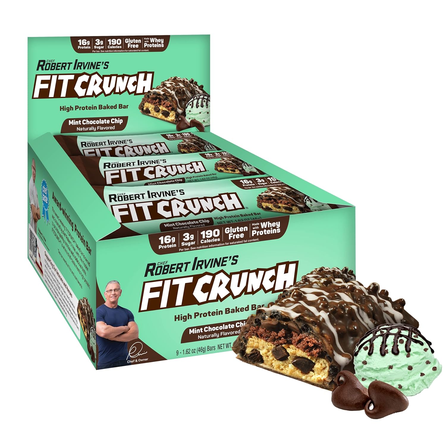 Fitcrunch Snack Size Protein Bars, Designed By Robert Irvine, 6-Layer Baked Bar, 3G Of Sugar, Gluten Free & Soft Cake Core (9 Bars, Mint Chocolate Chip)