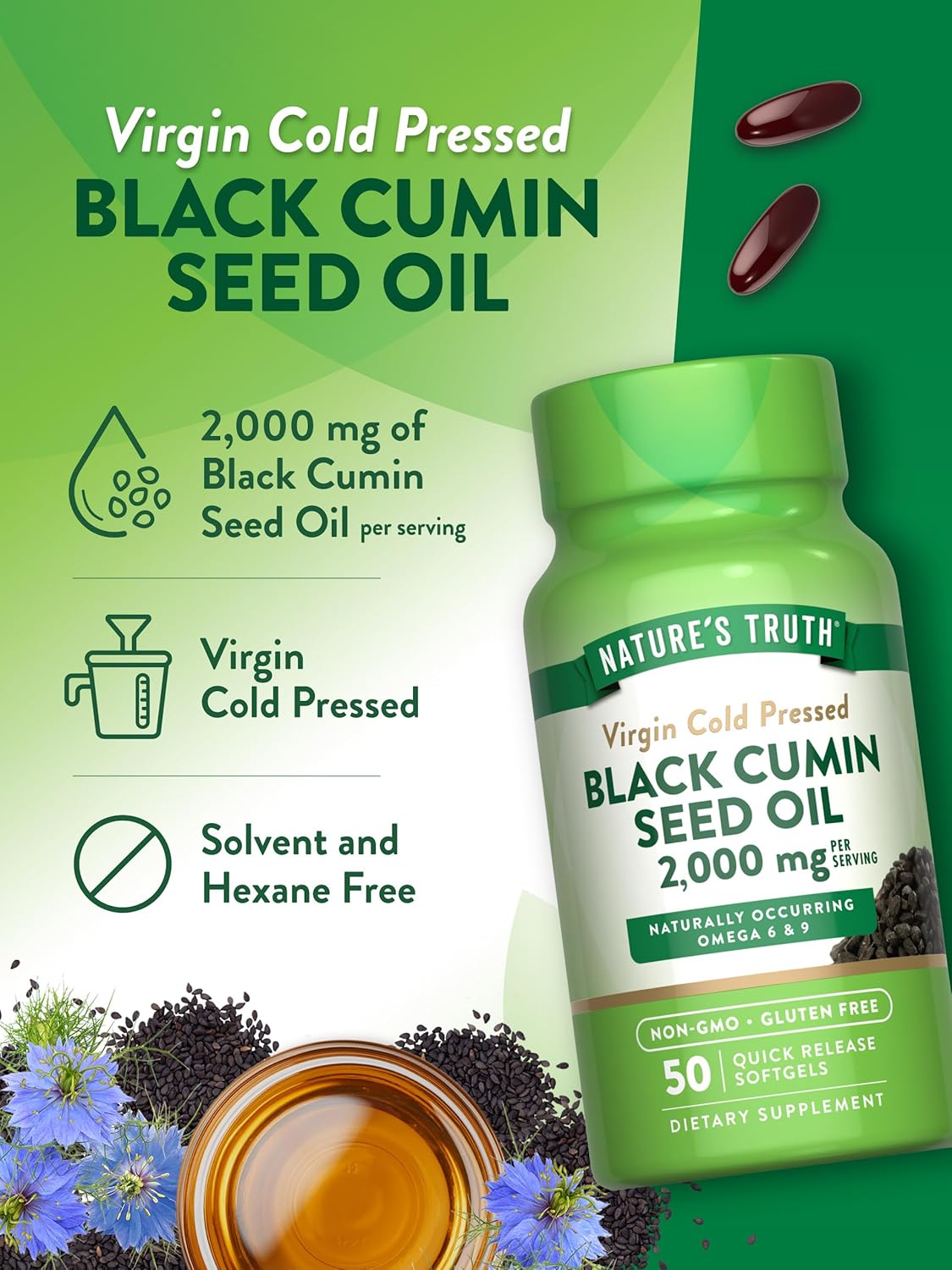 Nature's Truth Black Cumin Seed Oil 2000 mg | 50 Softgels | Cold Pressed Pills | Non-GMO, Gluten Free : Health & Household