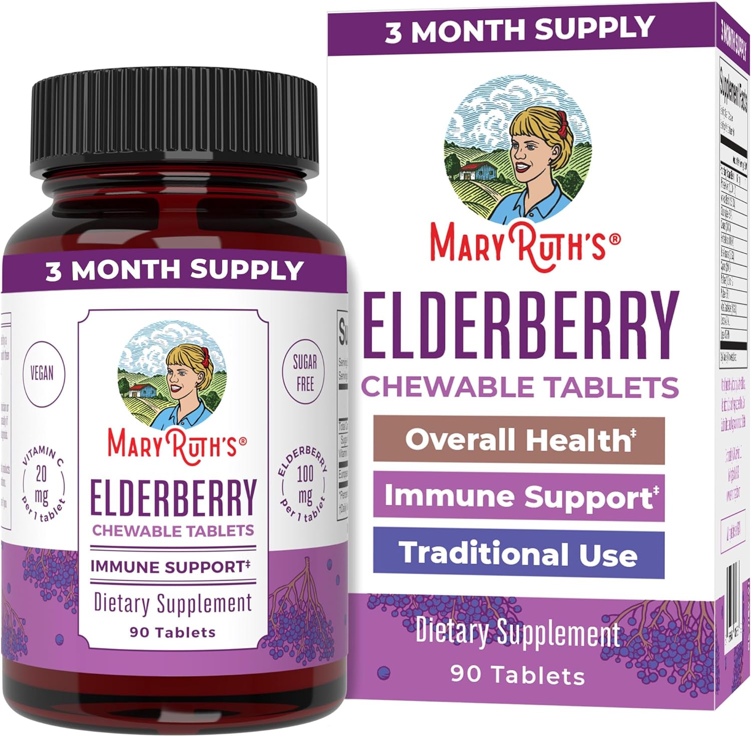Maryruth'S Elderberry + Vitamin C Chewable Tablets | Sambucus Nigra | Black Elderberry For Immune Support | 3 Month Supply | Gluten Free | Non-Gmo | 90 Servings