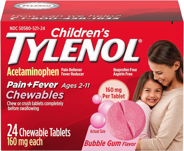 Tylenol Children'S Chewables With 160 Mg Acetaminophen, Pain Reliever & Fever Reducer For Kids' Cold + Flu Symptoms, Headache, Sore Throat & Toothache, Aspirin-Free, Bubble Gum, 24 Ct