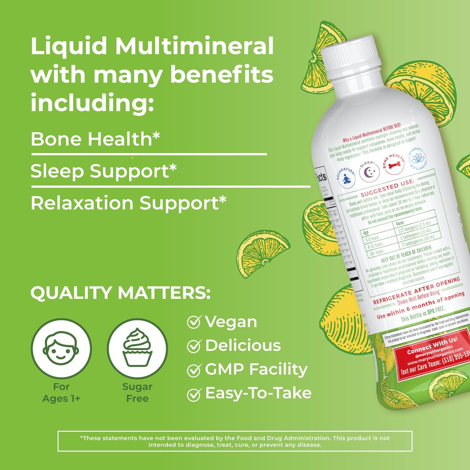 MaryRuth Organics Extra Strength Nighttime Liquid Multimineral Sleep Supplement, Sugar Free, Calm Magnesium Citrate Sleep, NO Melatonin, Calcium Magnesium Zinc, 4 Flavors Available, Vegan, 32 Servings