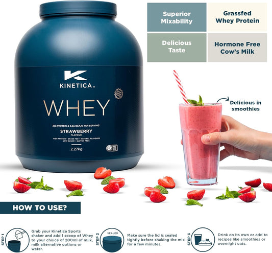 Kinetica Sports Whey Protein Powder - Strawberry Flavour |23G Protein/Serve, 76 Servings/2.27Kg Pack |Gluten Free Supplement |Optimum For Muscle Growth & Recovery |Mixes Well With Water, Milk & Shakes