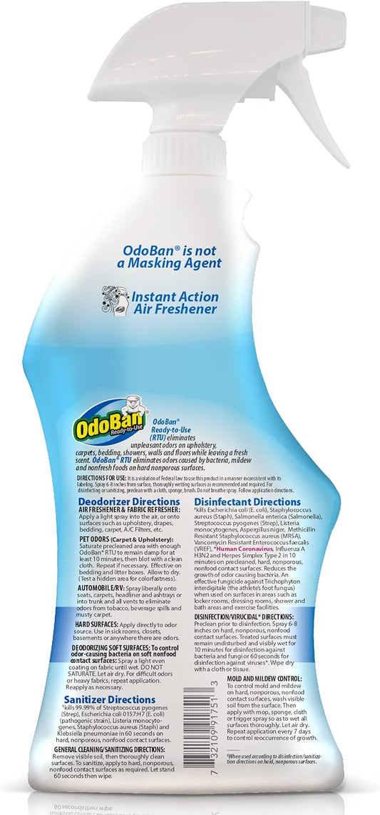 OdoBan Multipurpose Cleaner Disinfectant and Harsh Smell Eliminator Fabric/Air Freshener Pack: Ready-to-Use 360-Degree Continuous Spray, Trigger Spray, Solid Smell Absorber, Fresh Linen Scent