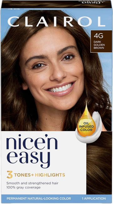 Clairol Nice'N Easy Crème, Natural Looking Oil Infused Permanent Hair Dye, 4G Dark Golden Brown,Package May Vary