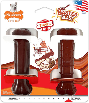Nylabone Power Chew Classic Bone Chew Toy For Dogs, Durable Dog Toys For Aggressive Chewers, Basted Blast Bacon & Steak Flavor, Small/Regular (2 Count)