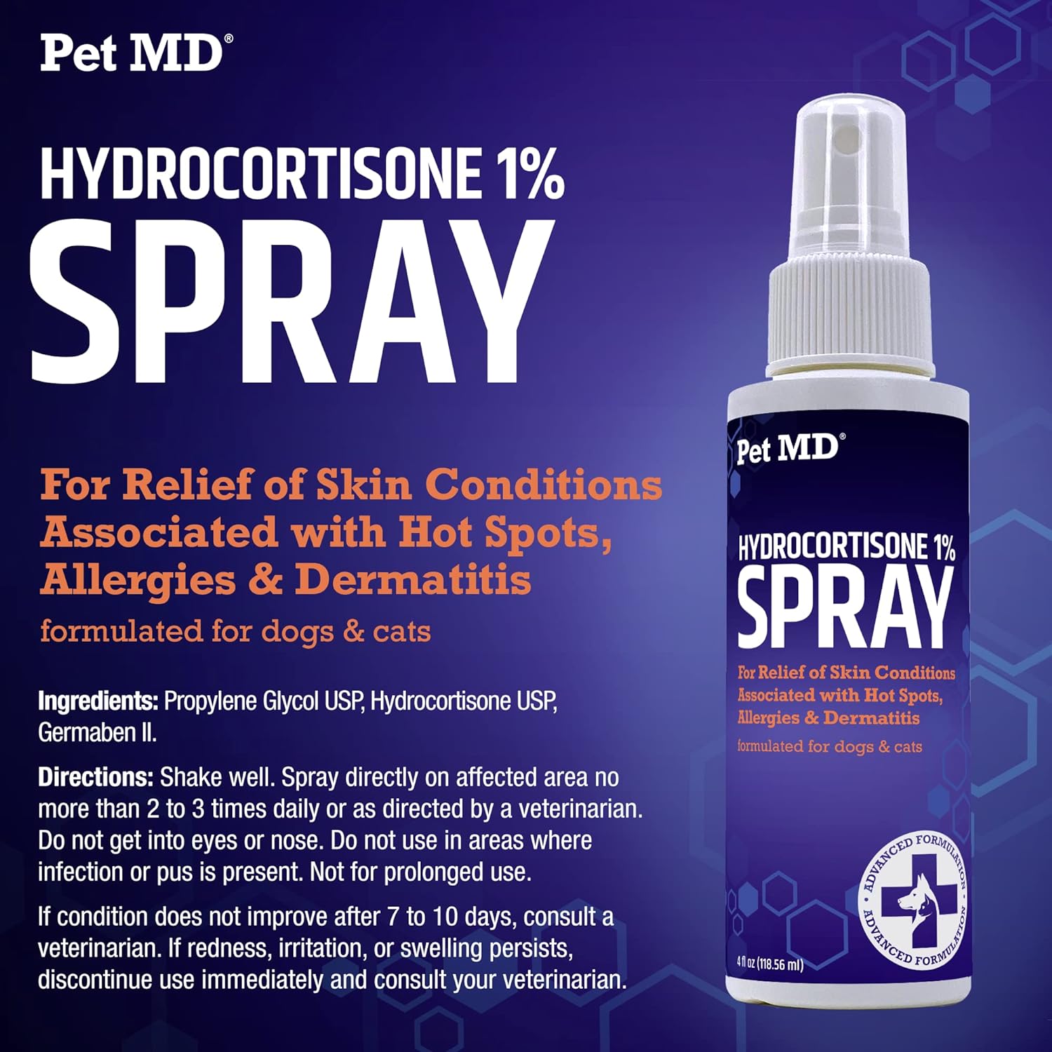 Pet MD Hydrocortisone Spray for Dogs, Cats, Horses - Itch Relief Spray & Hot Spot Treatment for Dogs, Irritated Dry Itchy Skin, Allergies, and Dermatitis - Reduces Topical Inflammation - 4 oz : Pet Supplies