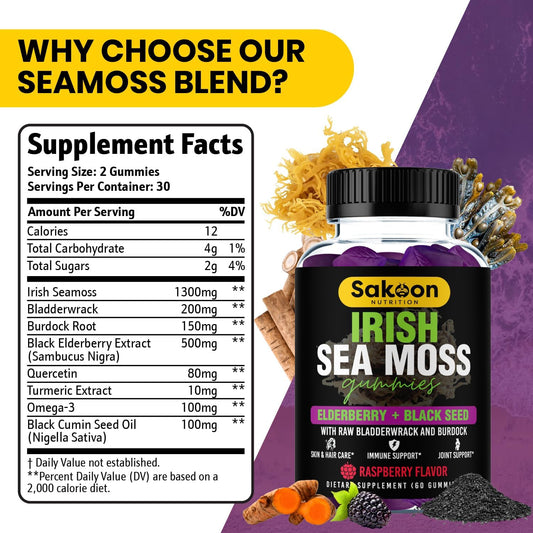 Sakoon Nutrition Irish Sea Moss Gummies W/Elderberry & Black Seed Oil - Beauty, Joints & Immune Support | Rich In Vitamins, Raspberry Flavor | 60 Gummies