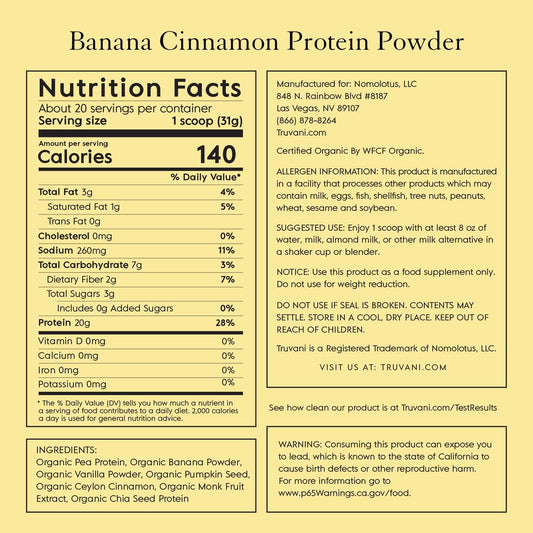 Truvani Vegan Pea Protein Powder | Banana Cinnamon | 20G Organic Plant Based Protein | 20 Servings | Keto | Gluten & Dairy Free | Low Carb | No Added Sugar