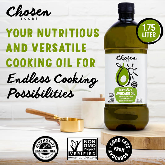 Chosen Foods 100% Pure Avocado Oil For Cooking - Made With Good Fats From Avocados, Naturally Refined, Never Adulterated, High Smoke Point, Non-Gmo, Soy-Free, Canola Oil-Free, Gluten-Free, Paleo, Keto