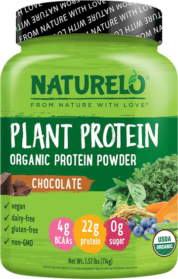 NATURELO Plant Protein Powder, Chocolate, 22g Protein - Non-GMO, Vegan