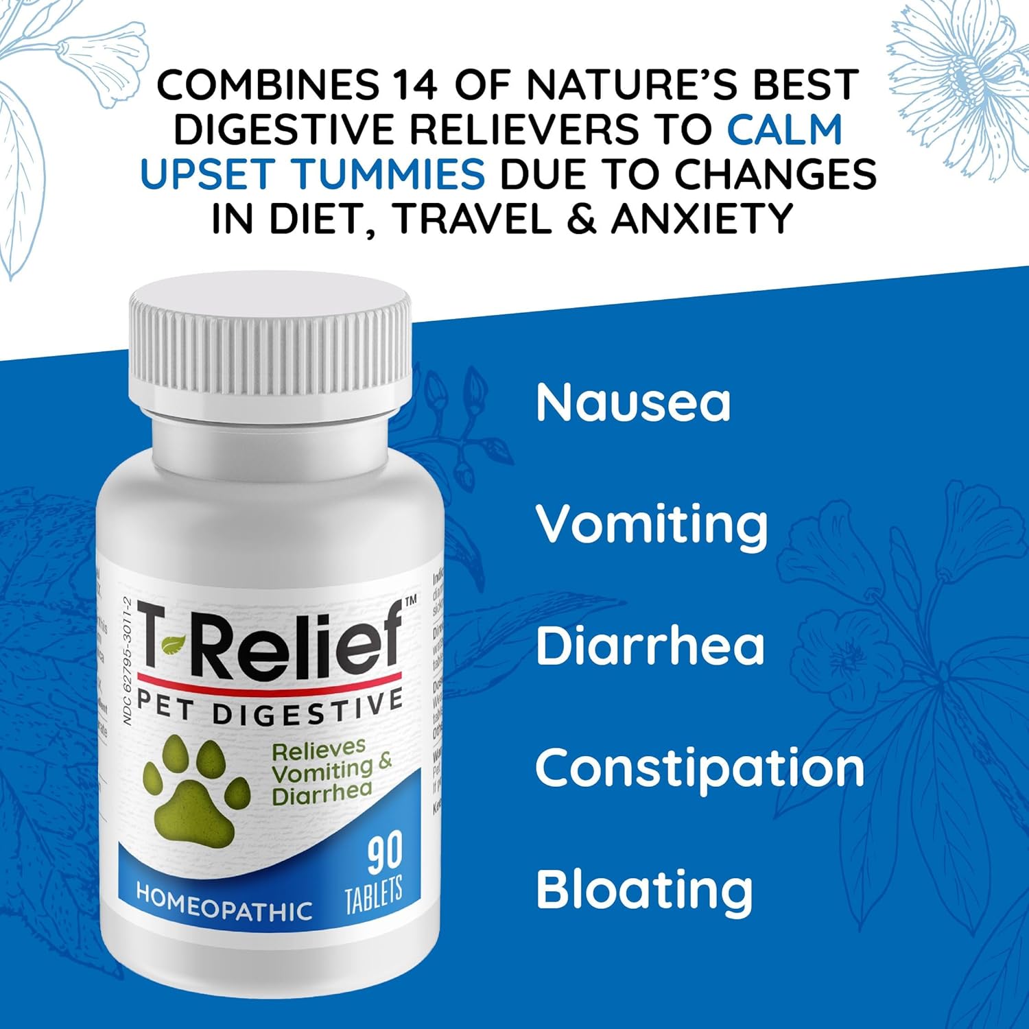T-Relief Pet Digestive Complete Gi Relief For Dog & Cat Soothing Aloe + 13 Natural Homeopathic Actives Help Calm Nausea & Diarrhea From Mild Illness Food Stress Or Motion Sickness - 90 Tablets : Pet Supplies