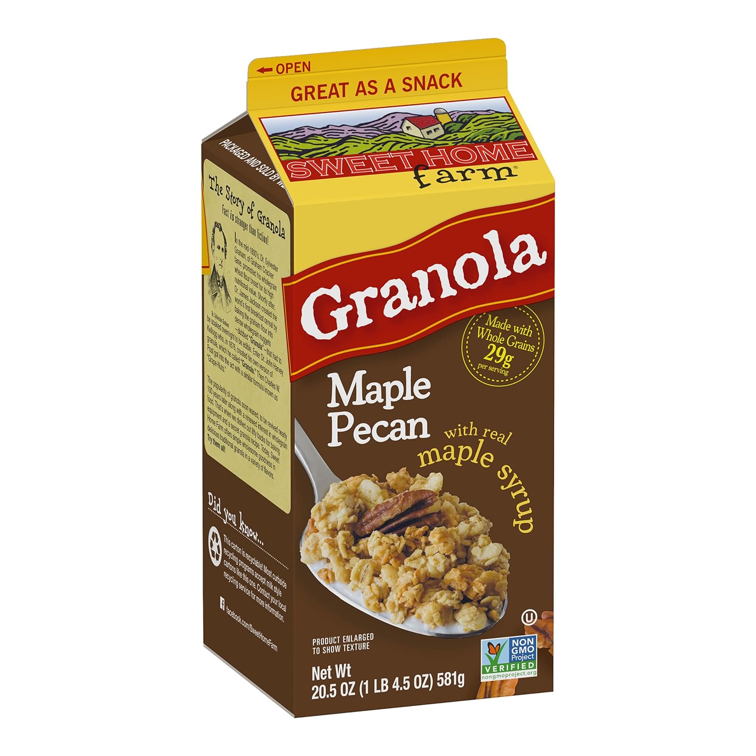 Sweet Home Farm Maple Pecan Granola, Made with Whole Grain, Non-GMO Project Verified, Kosher, Vegan, 20.5 Oz Recyclable Carton (Pack of 8)