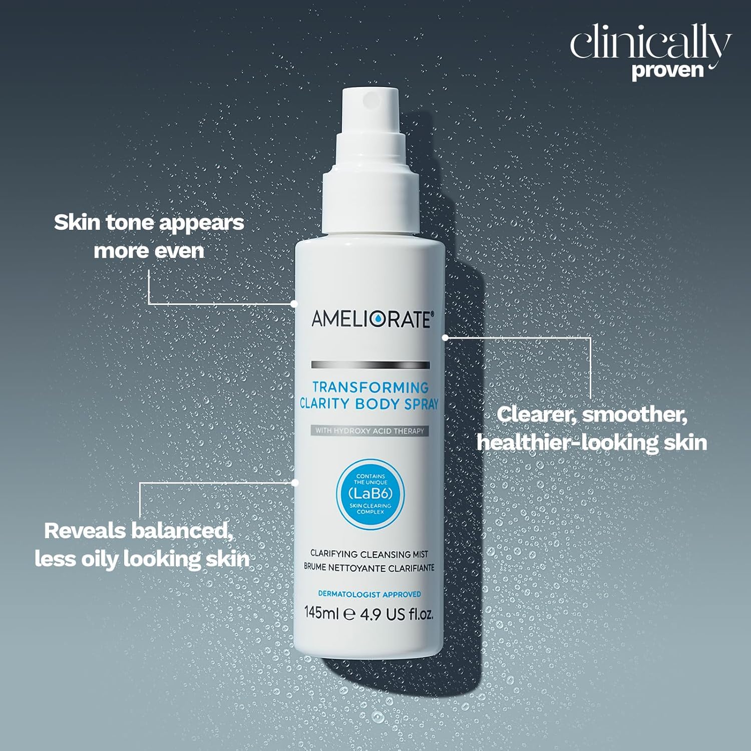 Ameliorate Transforming Clarity Body Spray 145Ml | Lab6, Hyaluronic Acid, Quora Noni | Dermatologically Tested
