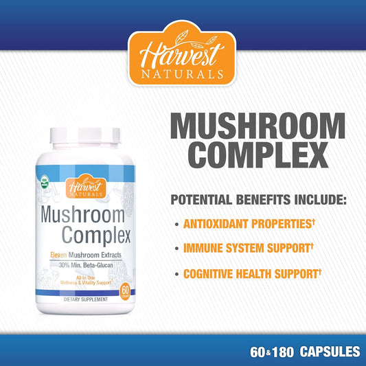 Mushroom Complex Capsules - 11 Mushroom Extracts 30% Min. Beta-Glucan - 180 Count