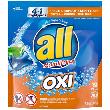 All Oxi Mighty Pacs Laundry Detergent, 4 in 1 with Oxi Stain Removers and Whiteners, One Pouch, 19 Count