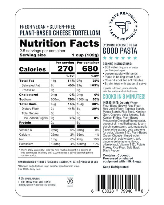 Vegan Tortelloni, Fresh And Frozen Gluten Free Plant-Based Cheese Filled Pasta, Cooks In Just 3 Min, Taste Republic, 9Oz (6 Pack)