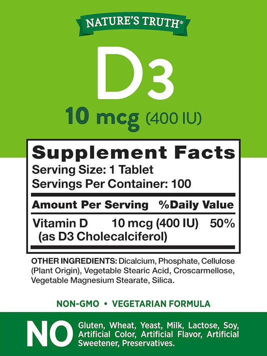 Nature'S Truth Vitamin D3 400 Iu | 100 Tablets | Vegetarian, Non-Gmo, & Gluten Free Supplement