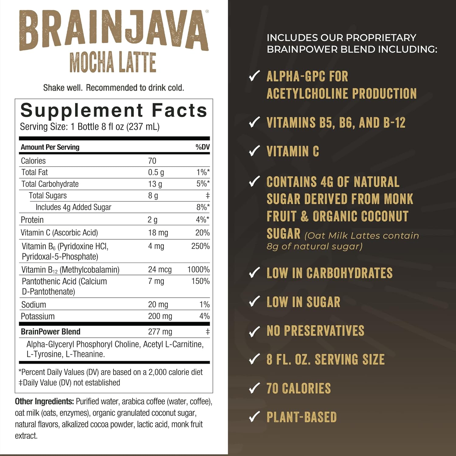 Brainjava Oat Milk Mocha Latte Ready To Drink Coffee, 4 Pack, Fair Trade Arabica Coffee, 110Mg Caffeine, L-Theanine, Potassium, B Vitamins, For Focus, Clarity, Gluten Free, Vegan, 8 Fl Oz Bottles