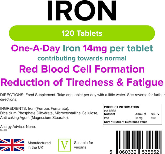 Lindens Iron 14mg - 120 Vegan Tablets - Reduce Tiredness, Increase Energy | Creates Healthy Red Blood Cells | Normal Oxygen Transportation | (4 Months Supply) | UK Manufacturer, Letterbox Friendly