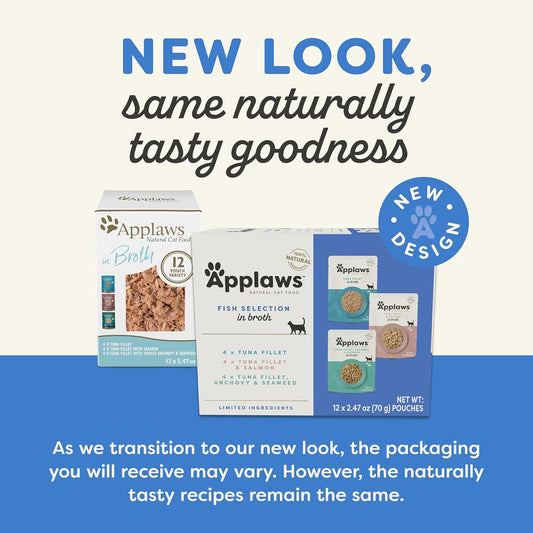 Applaws Natural Wet Cat Food In Broth, Limited Ingredient Wet Cat Food Pouches, No Additives, Made With Natural Ingredients, Tuna With Salmon In Broth (12 X 2.47Oz Pouches)