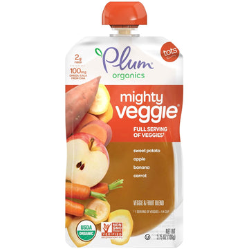 Plum Organics Baby Food Pouch | Mighty Veggie | Sweet Potato, Apple, Banana, Carrot | 3.75 Ounce | 12 Pack | Organic Food Squeeze For Babies, Kids, Toddlers