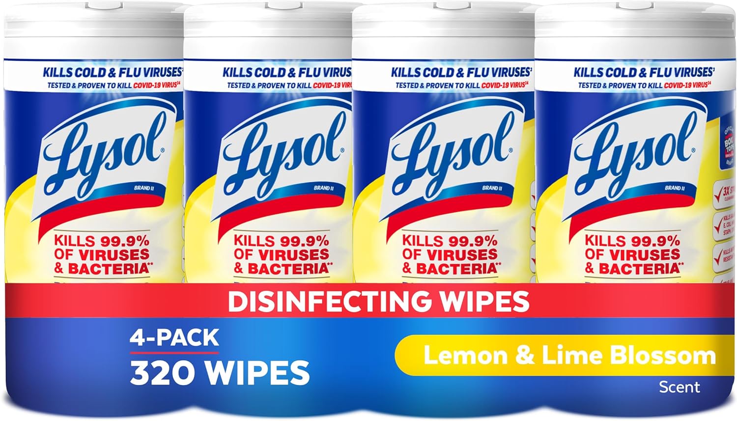 Lysol Disinfectant Wipes, Multi-Surface Antibacterial Cleaning Wipes, For Disinfecting And Cleaning, Lemon And Lime Blossom, Pack Of 4 (Packaging May Vary)