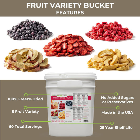 Nutristore Emergency Buckets | Premium Freeze-Dried Ingredients | 25-Year Shelf Life | Made in USA | Emergency Survival Food Supply | 60 Large Servings (Fruit - Single Bucket)