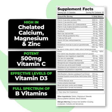 Species Nutrition V-Mineralyze All-Purpose Multivitamin, Vitamin C And D3, Chelated Minerals, Blueberry Extract With Anti-Oxidant Properties, 300 Capsules