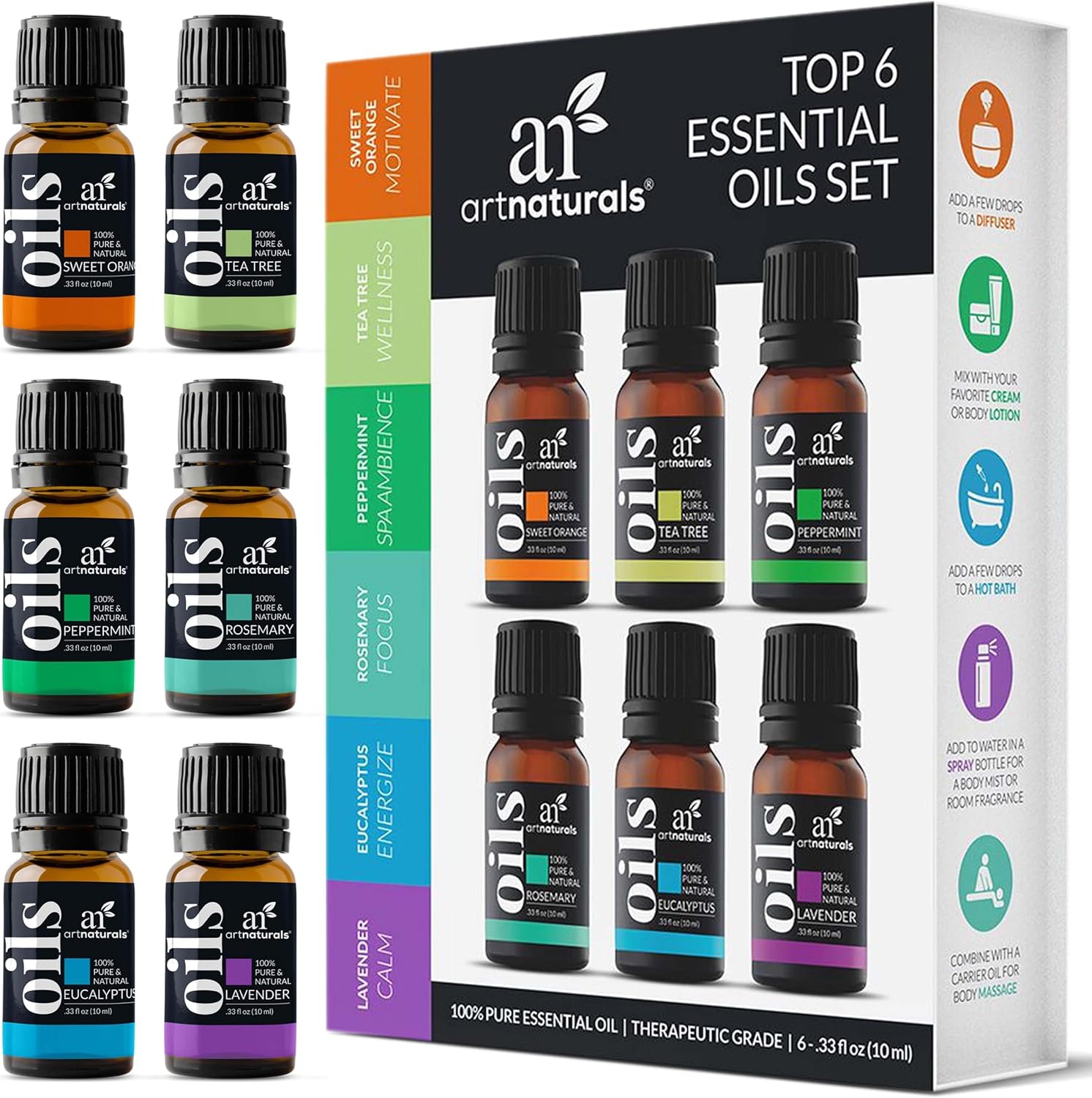 Artnaturals Aromatherapy Top-6 Essential Oil Set - (6 X 10Ml Bottles) - 100% Pure Of The Highest Therapeutic Grade - Premium Gift Set – Lavender, Peppermint, Tea Tree, Eucalyptus