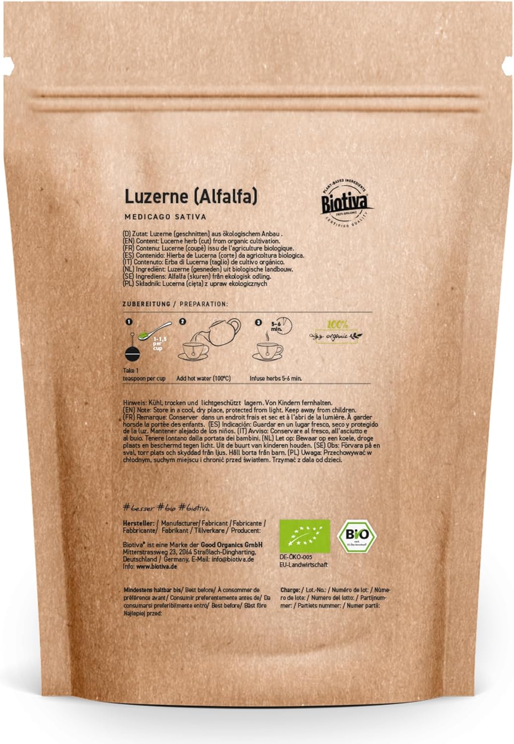 Biotiva Lucerne Cut Bio 100g - Medicago Sativa - Herbal Tea - Bottled and Controlled in Germany (DE-ÖKO-005)
