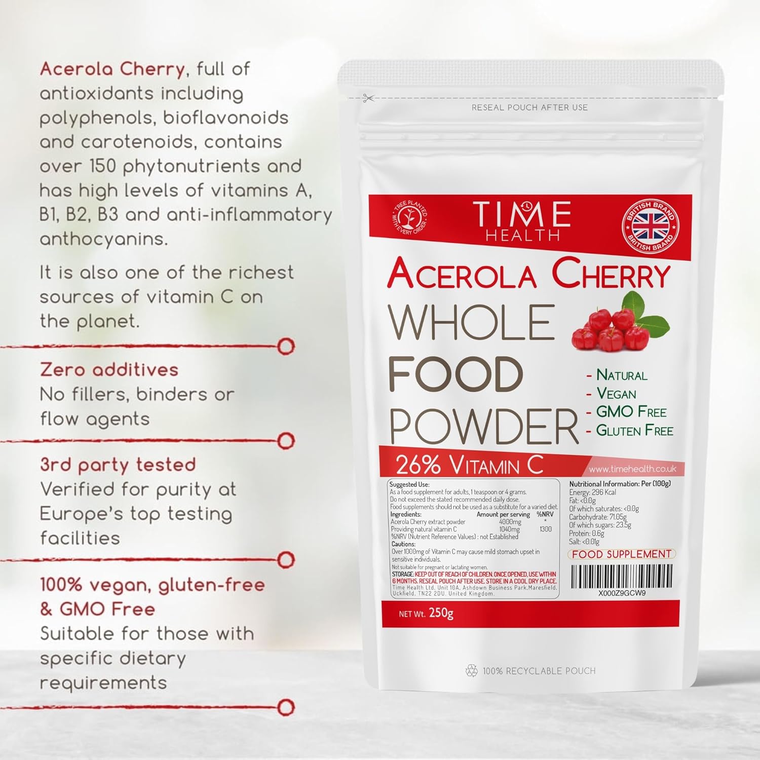 Acerola Cherry Spray Dried Juice Powder - Natural & Wholefood VIT C - 100g 250g 500g 1kg (250g Powder Pouch) : Amazon.co.uk: Health & Personal Care