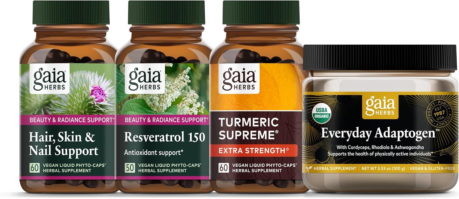 Gaia Herbs Beauty Essentials Kit - Hair, Skin, & Nail Support, Resveratrol 150, Everyday Adaptogen, Turmeric Supreme Extra Strength : Health & Household