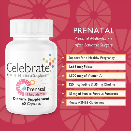 Celebrate Vitamins Bariatric Prenatal Multivitamin Capsules With Folate (Folic Acid), Vitamin A, Iron, Iodine, And Choline, For Roux En Y And Sleeve Gastrectomy Patients, 60 Count