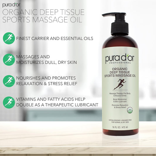 Pura D'Or 16 Oz Organic Deep Tissue Sports Massage Oil For Toned Sore Muscles - Jojoba Oil, Sunflower Oil, Almond Oil, Grapefruit Oil & Eucalyptus Oil - Alleviate Muscle Soreness