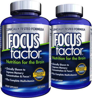 Focus Factor Nutrition for The Brain, Improved Memory & Concentration Brain Supplement, Complete Multivitamin with Vitamins B6, B12, D, Bacopa Monnieri & Tyrosine, 150 Count (Pack of 2)