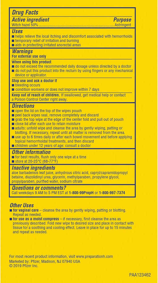 Preparation H Hemorrhoid Flushable Wipes with Witch Hazel for Skin Irritation Relief (48 wipes- pack of 2) total- 96 Count : Health & Household