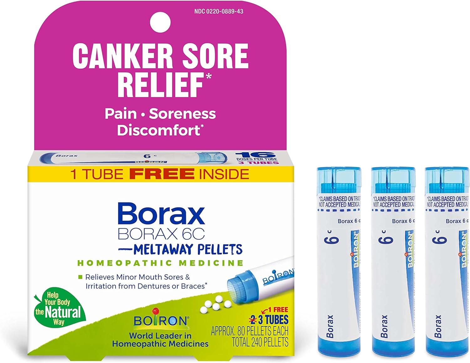 Boiron Borax 6C Homeopathic Medicine For Canker Sore Relief, Pain, Soreness, Or Discomfort - 3 Count (240 Pellets)