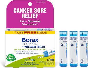 Boiron Borax 6C Homeopathic Medicine For Canker Sore Relief, Pain, Soreness, Or Discomfort - 3 Count (240 Pellets)