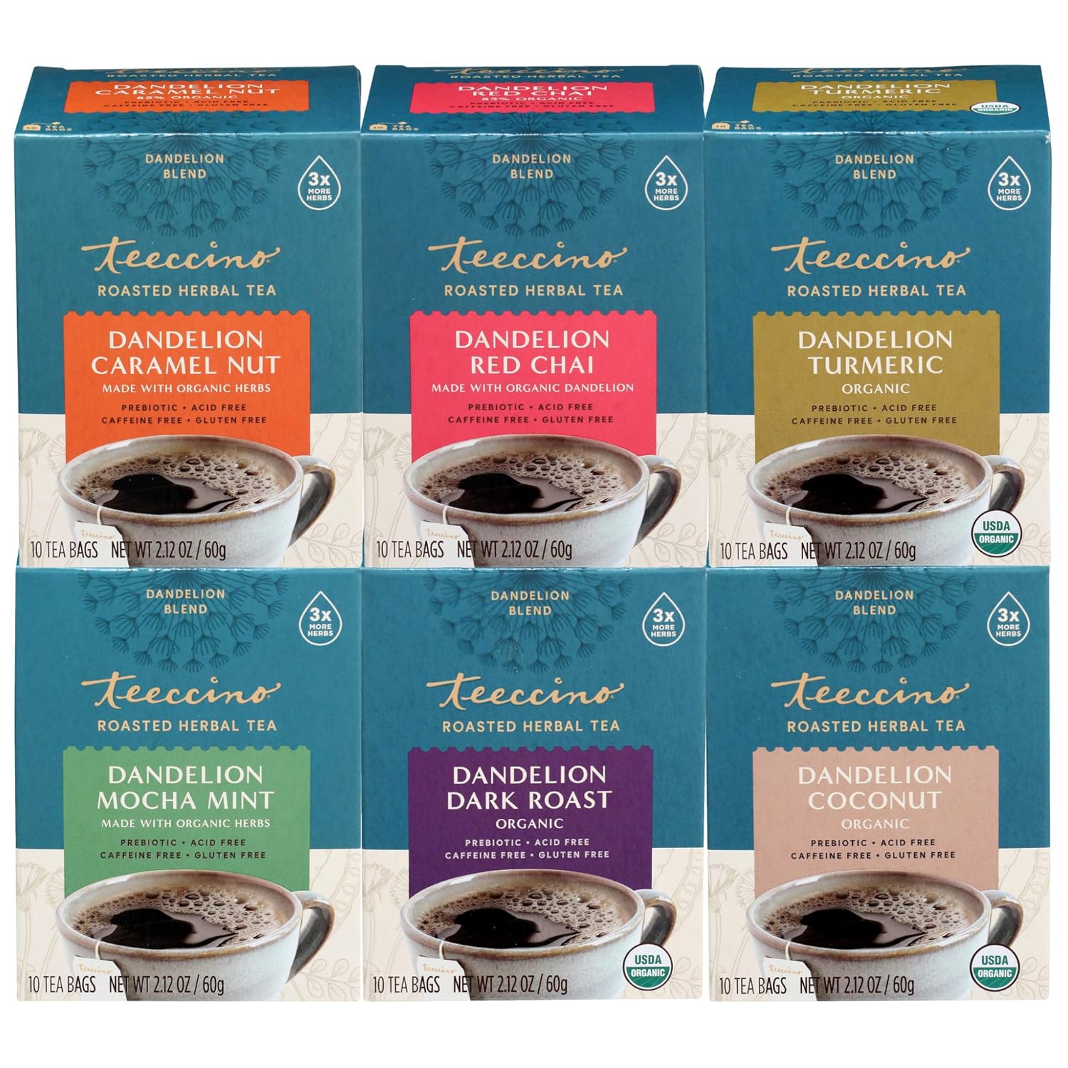 Teeccino Dandelion Tea Variety Pack – Dark Roast, Caramel Nut, Mocha Mint, Turmeric, Red Chai, Coconut – Caffeine Free, Gluten Free & Prebiotic Herbal Tea With Roasted Dandelion, 10 Tea Bags (6-Pack)