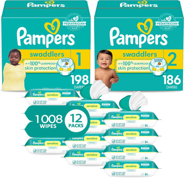 Pampers Baby Diapers And Wipes Starter Kit, Swaddlers Disposable Sizes 1 (198 Count) & 2 (186 Count) With Sensitive Water Based 12X Multi Pack Pop-Top Refill (1008 Count)