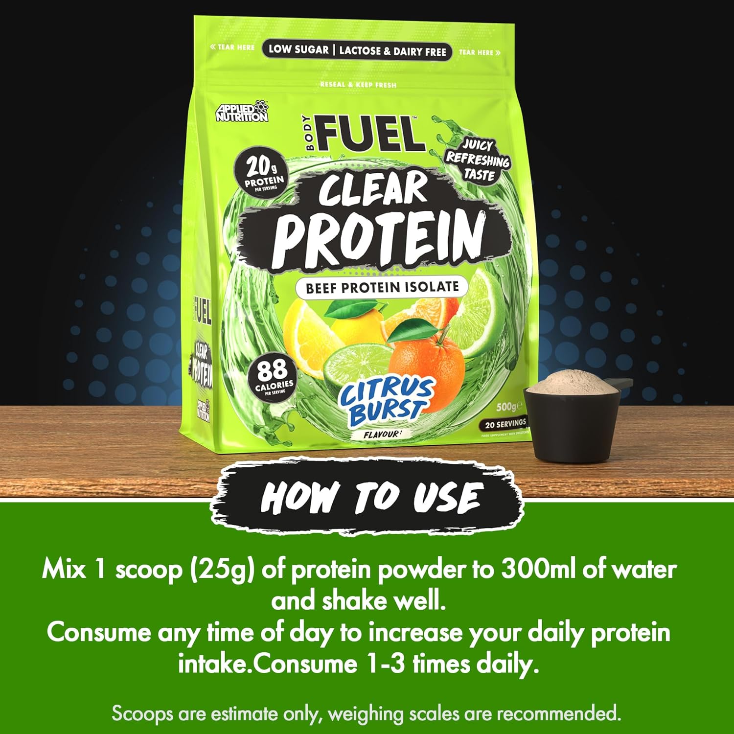BodyFuel Clear Protein - Beef Protein Isolate - Clear & Refreshing - Best Low Sugar & Lactose-Free Protein Supplement - Muscle Support (500g - 20 Servings) (Citrus Burst) : Amazon.co.uk: Health & Personal Care