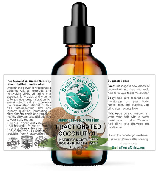 Bella Terra Oils - Organic Fractionated Coconut Oil (MCT) 4 oz - A Treasured Elixir from Coconut, Enriched with Caprylic & Capric Acid, The Ultimate Carrier for Mixing Oils