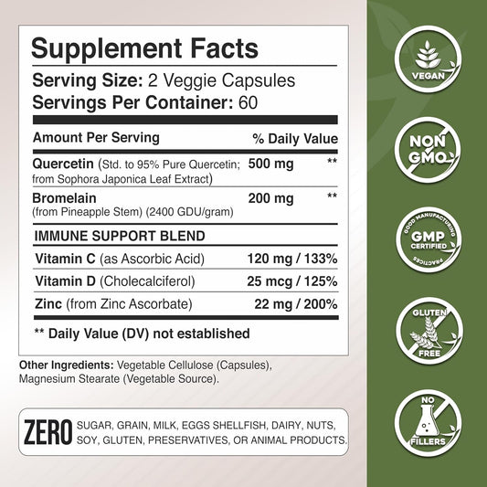 Quercetin With Vitamin C And Zinc - Quercetin 500Mg - Quercetin With Bromelain - Zinc Quercetin - 120 Veggie Caps. Quercetin Supplements + Vitamin D3 (Non-Gmo, Gluten-Free, Vegan) 2 Month Supply