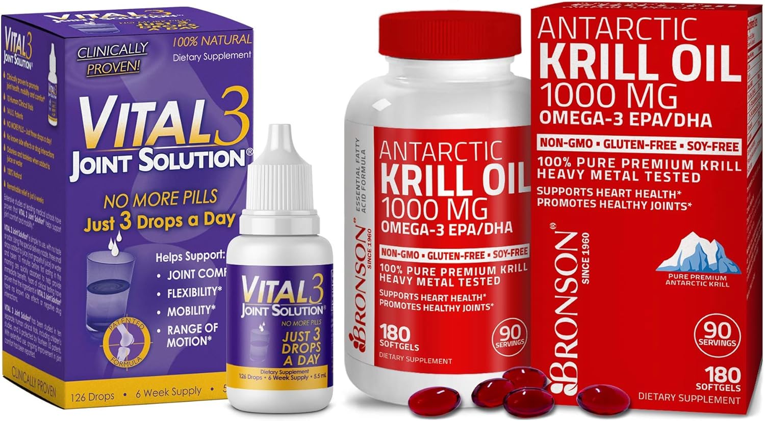 Vital 3 Joint Solution® Clinically Proven Liquid Knee Relief + Antarctic Krill Oil 1000 Mg With Omega-3S Epa, Dha